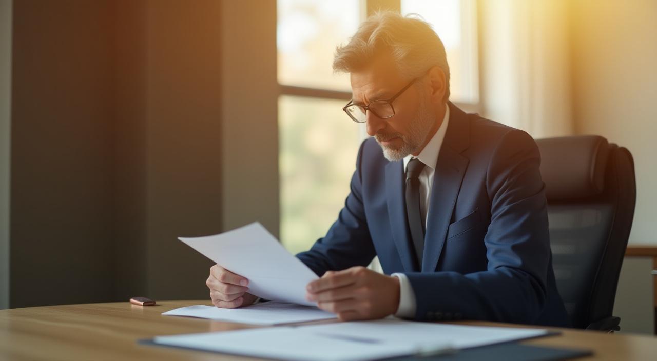 A focused professional reviewing a detailed legal document in a bright, modern office