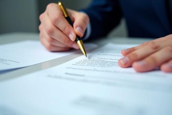 Close up of a legal document being reviewed on a clean desk